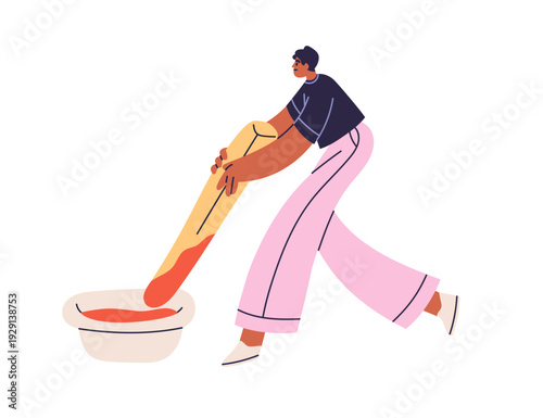 Man eating French fries, potato stick in ketchup dip. Tiny person and oversized fast food, fat unhealthy snack, chips and sauce. Flat vector illustration isolated on white background