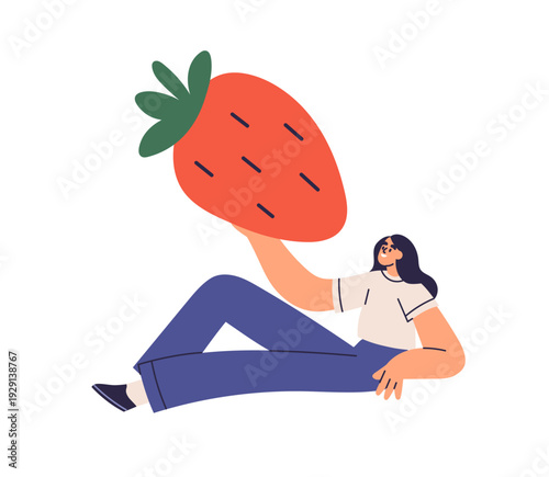 Happy woman holding giant strawberry. Tiny female character showing oversized...