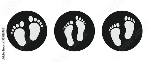 Black and white human footprints and silhouette design in circular frame, ideal for footprints, shoe prints, social distancing markers, massage therapy centers, spa branding to represent care. Vector 