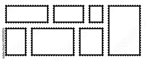 Collection of blank postage stamp set are used to cover postage costs for sending letters and parcels via a postal system, design and marketing material. Vector illustration.