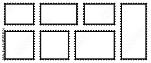 Collection of blank postage stamp set are used to cover postage costs for sending letters and parcels via a postal system, design and marketing material. Vector illustration.