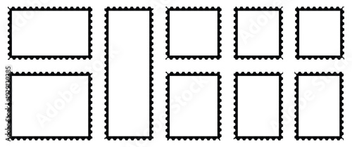 Collection of blank postage stamp set are used to cover postage costs for sending letters and parcels via a postal system, design and marketing material. Vector illustration.