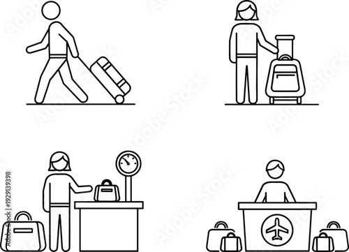 Airport Travel Outline Icon Vector Set with Passenger Luggage Check In and Boarding Counter Symbols