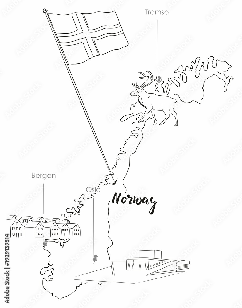 Obraz premium Hand drawn map of Norway with famous city landmarks in black and white