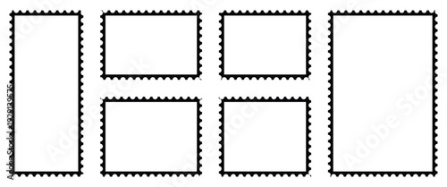 Collection of blank postage stamp set are used to cover postage costs for sending letters and parcels via a postal system, design and marketing material. Vector illustration.