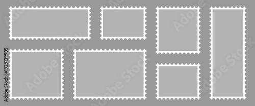 Flat vector post stamp icon set on gray background. Postage icon for delivering mail, letters and packages.