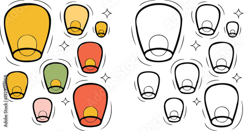 Lantern Illustration and outline set isolated on transparent background