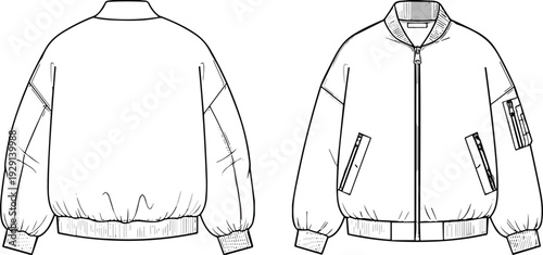 Black and white technical fashion illustration of bomber jacket front and back views with zipper and pockets ribbed cuffs and collar