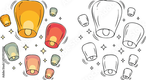 Lantern Illustration and outline set isolated on transparent background