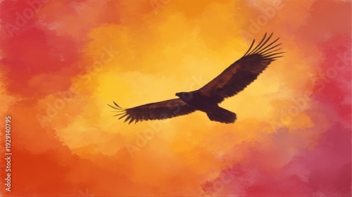 Majestic eagle silhouette in soaring flight against a vibrant sunset sky
