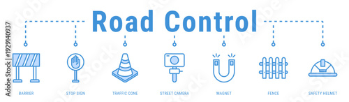 Road Control banner presenting traffic management and safety control elements around active construction and maintenance zones