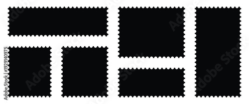 Black color postage stamp icon set in flat style. Postage stamp vector used for retro branding, vector designs for web backgrounds, digital Interfaces and document tools. Vector art and illustration.