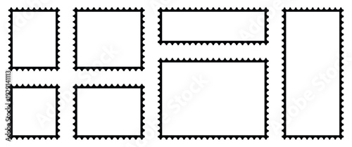 Black and white postage stamp icon set in flat style. Postage stamp vector used for retro branding, vector designs for web backgrounds, digital Interfaces and document tools. Vector illustration.