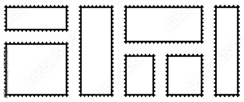Black and white postage stamp icon set in flat style. Postage stamp vector used for retro branding, vector designs for web backgrounds, digital Interfaces and document tools. Vector illustration.