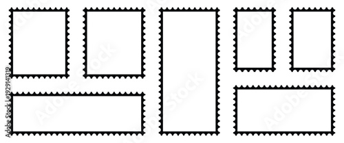 Black and white postage stamp icon set in flat style. Postage stamp vector used for retro branding, vector designs for web backgrounds, digital Interfaces and document tools. Vector illustration.