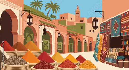 A vibrant marketplace in a desert city with colorful spices and textiles on display
