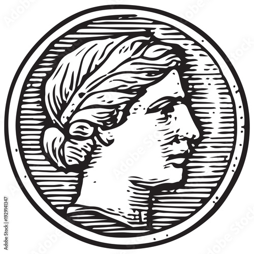 Vintage Roman Noble Portrait Engraved Coin Classical Emperor Medallion Line Art