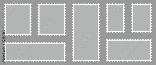 Gray color postage stamp icon set in flat style. Postage stamp vector used for retro branding, vector designs for web backgrounds, digital Interfaces and document tools. Vector illustration.