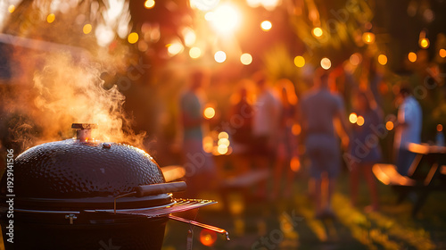 Joyful summer evening backyard barbecue party with smoking grill close up and dreamy fairy lights over blurred crowd ideal for outdoor leisure and beer ads