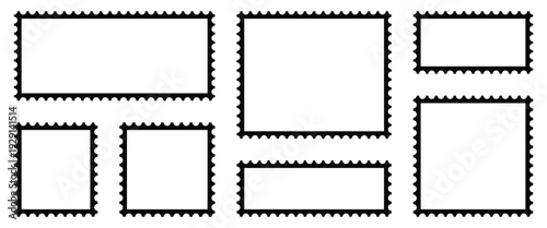 Set of black and white postage stamps in flat design ideal for creating stamp effect on images, e-commerce and advertising, and digital or physical postal service. Vector illustration.