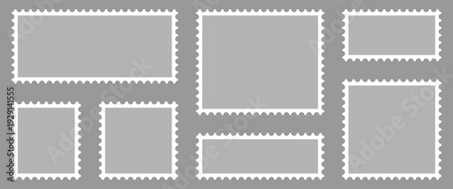 Set of gray blank postage stamps in flat design ideal for creating stamp effect on images, e-commerce and advertising, and digital or physical postal service.