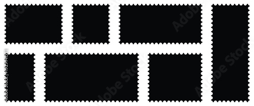 Set of black color blank postage stamps in flat design ideal for creating stamp effect on images, e-commerce and advertising, and digital or physical postal service. Vector illustration.
