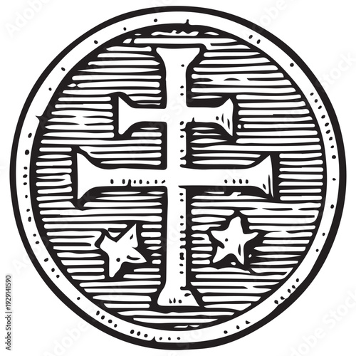 Vintage Double Cross Engraved Coin Medieval Religious Heraldic Medallion Line Art