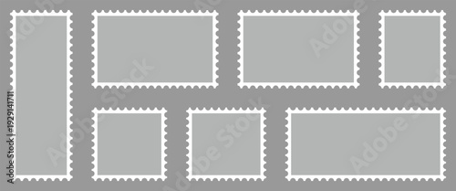 Set of blank rectangle and square postage stamps in gray background designed for graphic design, branding, and Used in banners, labels for shipping and illustration use.