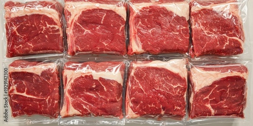 High-quality beef cuts meat packaging facility product photography clean space top-down view culinary concepts