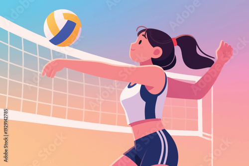 Volleyball player in sleeveless top performing forearm pass near net, ball mid air, outdoor gradient sky in blue, pink, and orange tones.