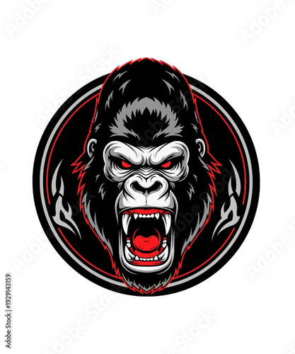A powerful vector graphic illustration featuring a furious roaring gorilla head with menacing red eyes and bared white fangs, designed as an aggressive mascot or logo emblem, conveying strength.