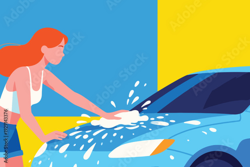 Cartoon illustration of woman with long red hair washing blue car using soapy sponge, soap suds splashing on hood, vibrant background with blue and yellow color blocks highlighting motion and cleanlin