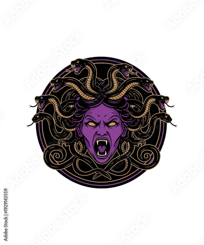 Striking vector graphic illustration featuring the fierce mythological Gorgon Medusa head design with coiled serpents and intense purple facial expression.