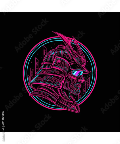 Striking vector illustration of a futuristic cybernetic samurai warrior head profile, featuring neon circuit details and glowing visor in vibrant synthwave colors.