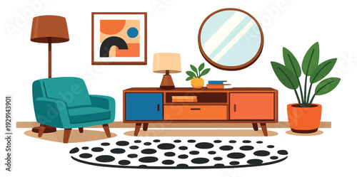 Modern flat design interior furniture set featuring an armchair, cabinet, mirror, lamps, and plants for a cozy living room