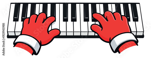 Hand drawn illustration of hands in red gloves playing piano depicting festive music for holiday season