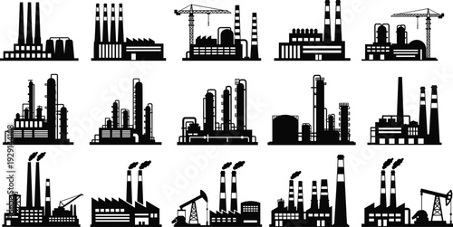 Industrial factory building silhouette set, manufacturing plant and power station icons, oil refinery refinery construction, cad drawing flat vector illustration, urban engineering background