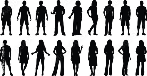 Large collection of black silhouettes featuring men and women in various standing poses, casual clothing, isolated people vector icons, set.