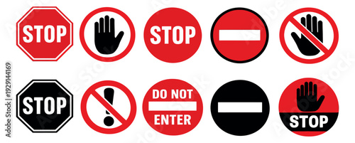 Graphic stop and prohibition signs set featuring various warning and restriction symbols for safety and regulatory information