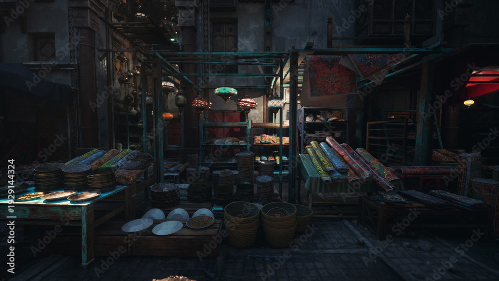 Fototapeta premium dim night market stall lit by lantern glow, silent vendor arranging produce behind counter, rows of fresh produce and woven baskets on wooden counter, colorful