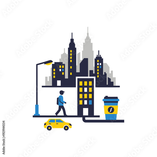 Urban cityscape with walking person, car, and coffee cup