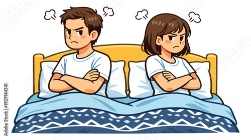 Cartoon illustration of a couple depicting an argument in bed for relationship conflict