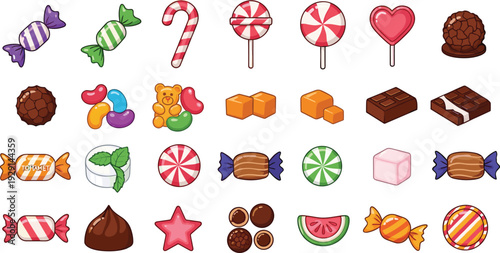 Colorful Candy and Chocolate Sweets Vector Set with Lollipops, Gummies, Caramels and Peppermint Treats Collection