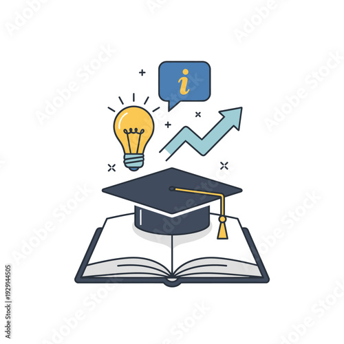 Education concept with graduation cap, book, lightbulb, and growth