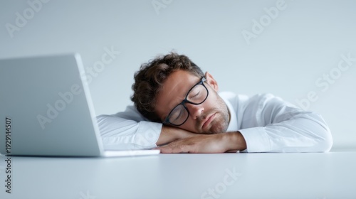 Wallpaper Mural Mental Health in High-Pressure Corporate Life. Overworked Employee Burnout - Tired Worker Sleeping at Desk with Laptop, Copy Space for Text Torontodigital.ca