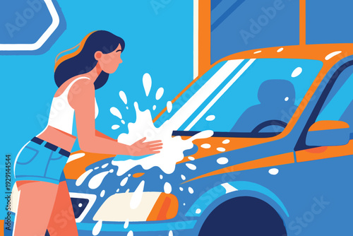 Woman in white tank top and blue shorts washing orange blue car with soapy sponge, soap suds splashing on hood, vibrant background with wall and window.