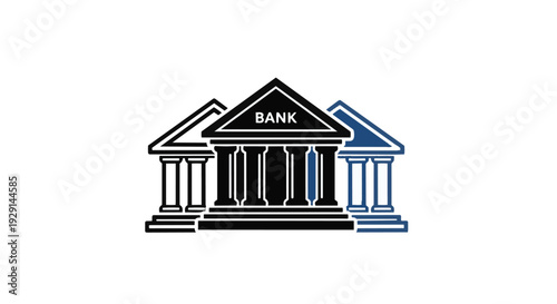 A black and white illustration of a bank building with columns