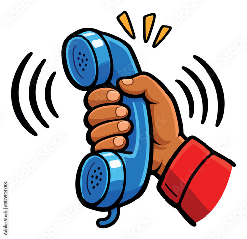Pop art illustration of a hand holding a telephone receiver depicting it ringing for communication concepts