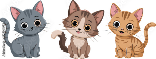Cute cartoon kitten characters set featuring gray, brown and orange cats isolated on white background, adorable pet mascot vector illustration for children and animal themes