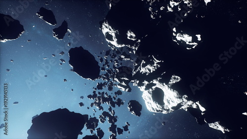 Tableau sur toile Mining robot examines planetary surface for resources, Luminous asteroid cluster